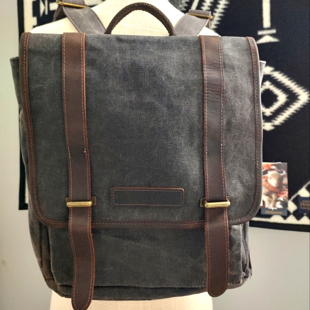😎EUC 1XD Gear Coated Canvas & Leather Trim adjustable Multi Pocket Backpack, L